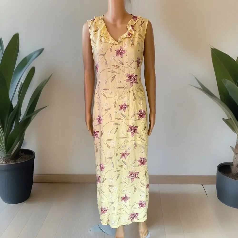Y2K Cottagecore Tank Dress Maxi Yellow Floral Ruffle Sleeveles Coastal Casual 1X